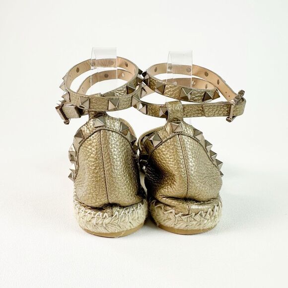 VALENTINO Gold Rockstud Espadrille Size 39 Flat Buckle Double Wrap Ankle Strap - Picture 4 of 11